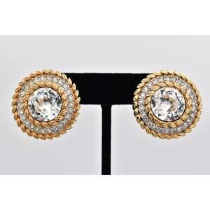 SAL Swarovski Vintage Crystal Clip On Earrings Gold Rhinestone Signed 1980s BinH